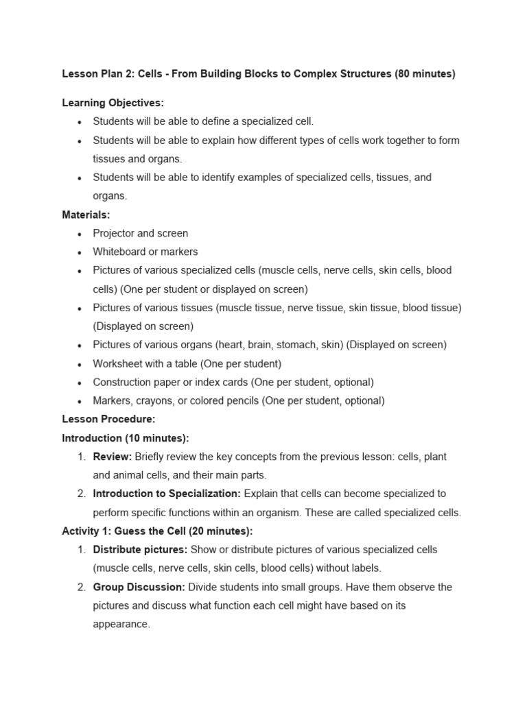 7 Grade Science 1st Topic Lesson Plan 2 | PDF | Tissue (Biology) | Cell ...