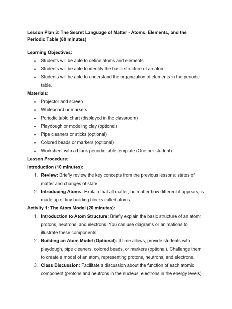 Atoms and Elements Lesson Plan | PDF | Atoms | Chemical Elements
