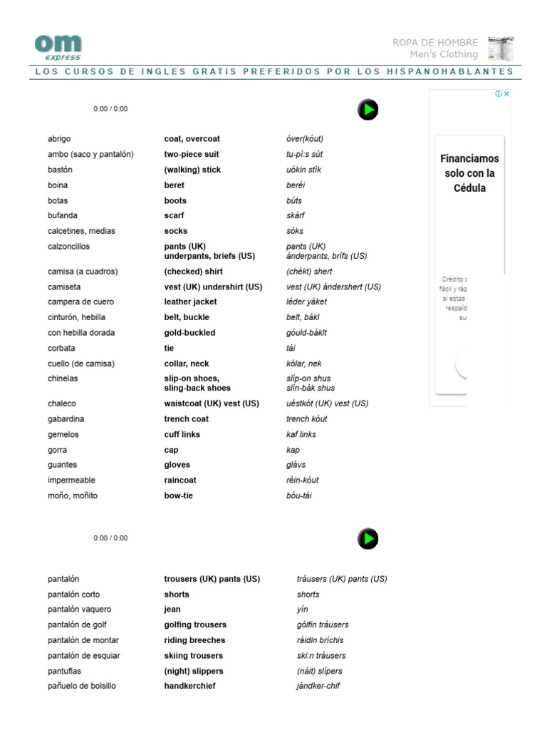 Vocabulario En Ingles Diccionarios De Ingles Sonoros Con Sonido