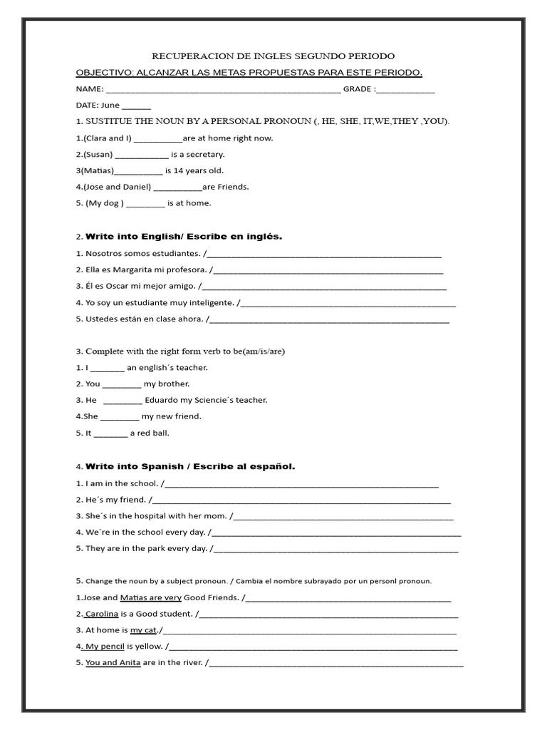 English Recovery Exam for Second Period | PDF | Syntactic Relationships ...