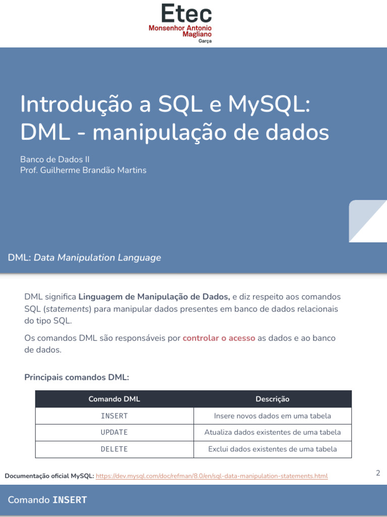 Comandos DML em MySQL: Guia Prático | PDF | SQL | Design de software