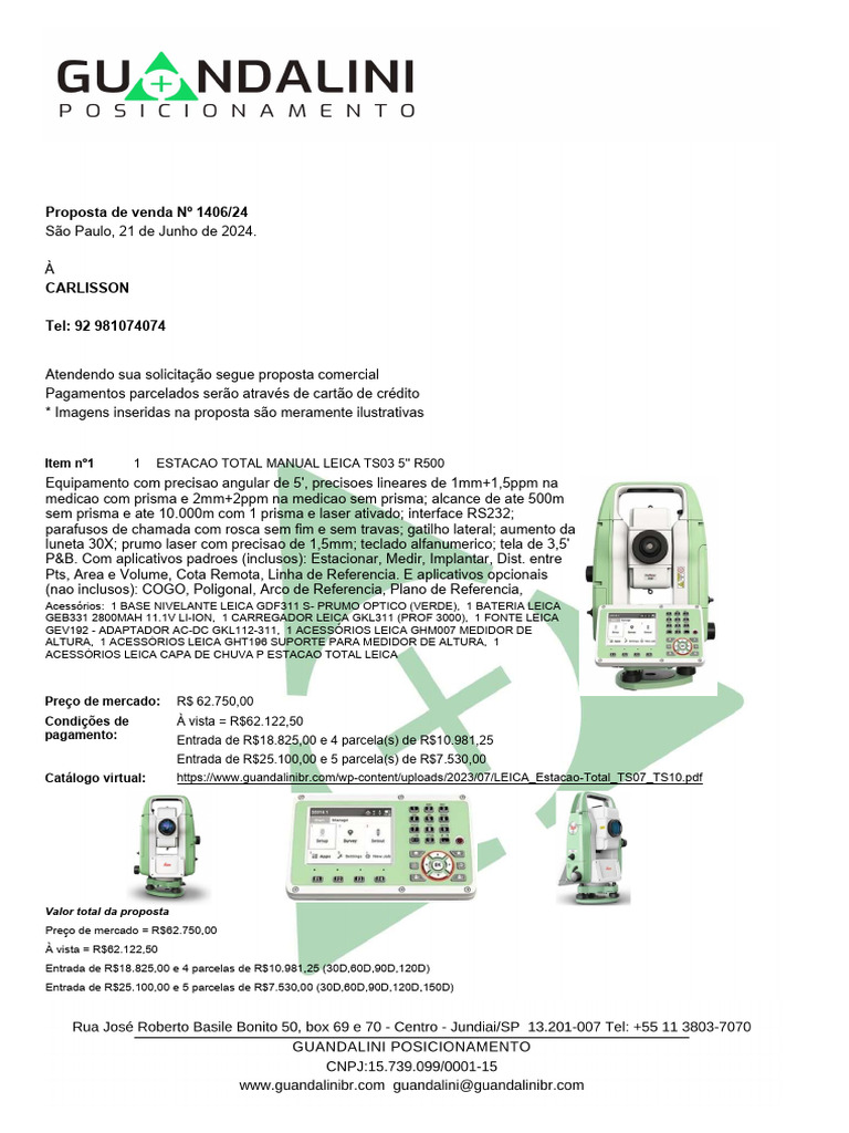 Proposta Comercial Estação Total Leica TS03 | PDF | Tecnologia e Engenharia