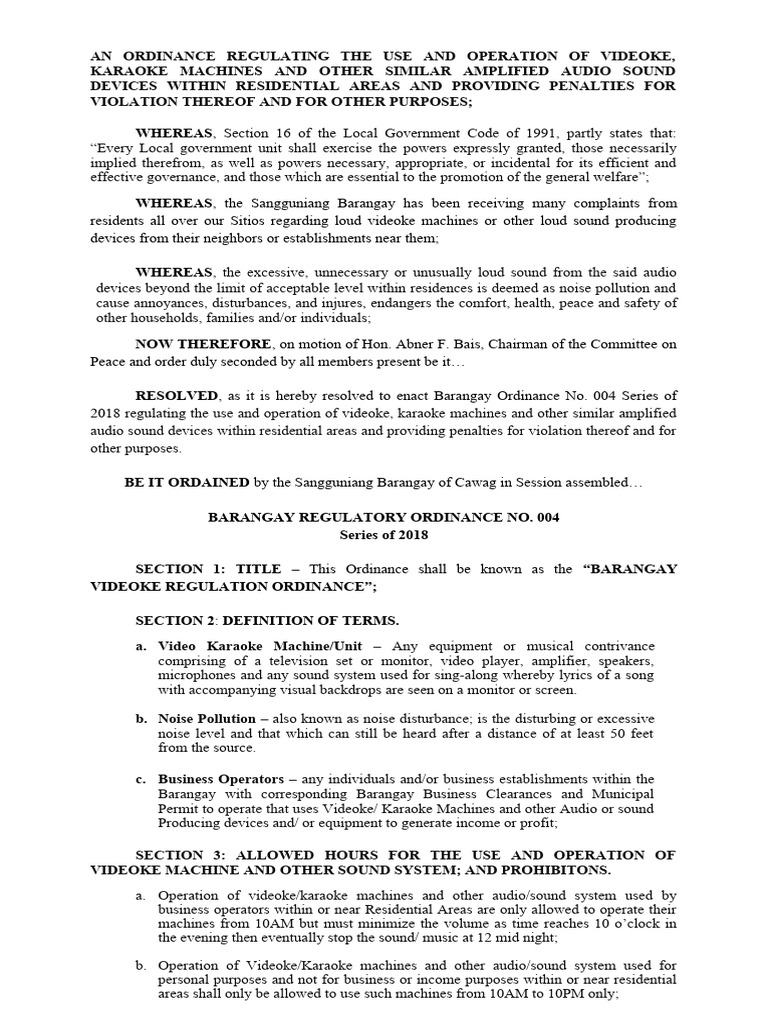 Barangay Videoke Regulation Ordinance | PDF | Noise | Justice