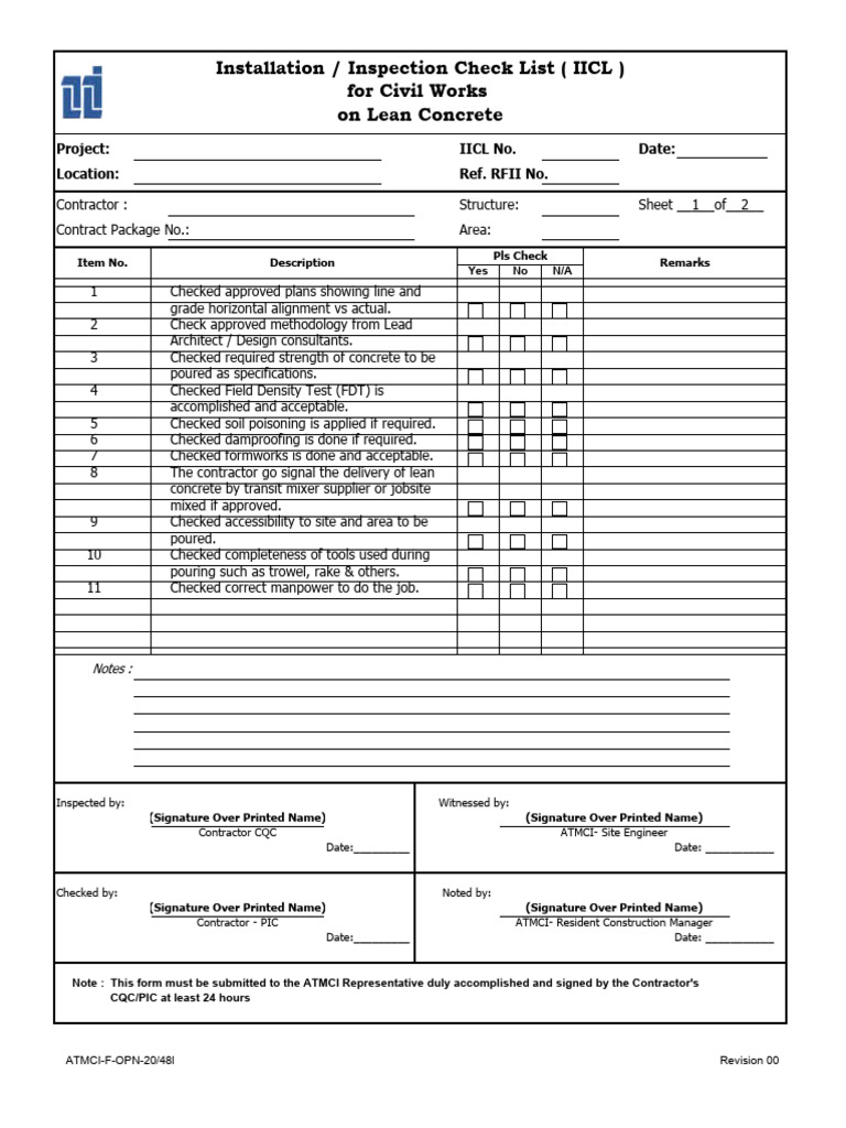F-OPN-20-48l IICL For Civil Works On Lean Concrete (Rev. 00) | PDF ...
