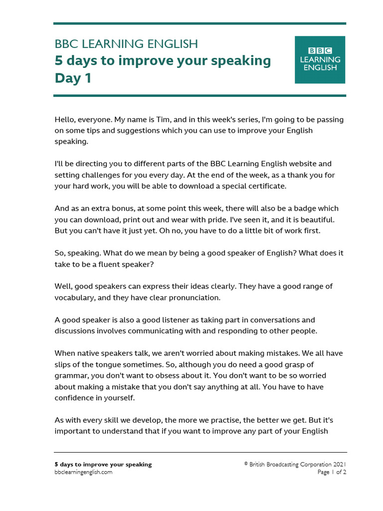 Day 1: Tips for English Speaking Skills | PDF | English Language ...