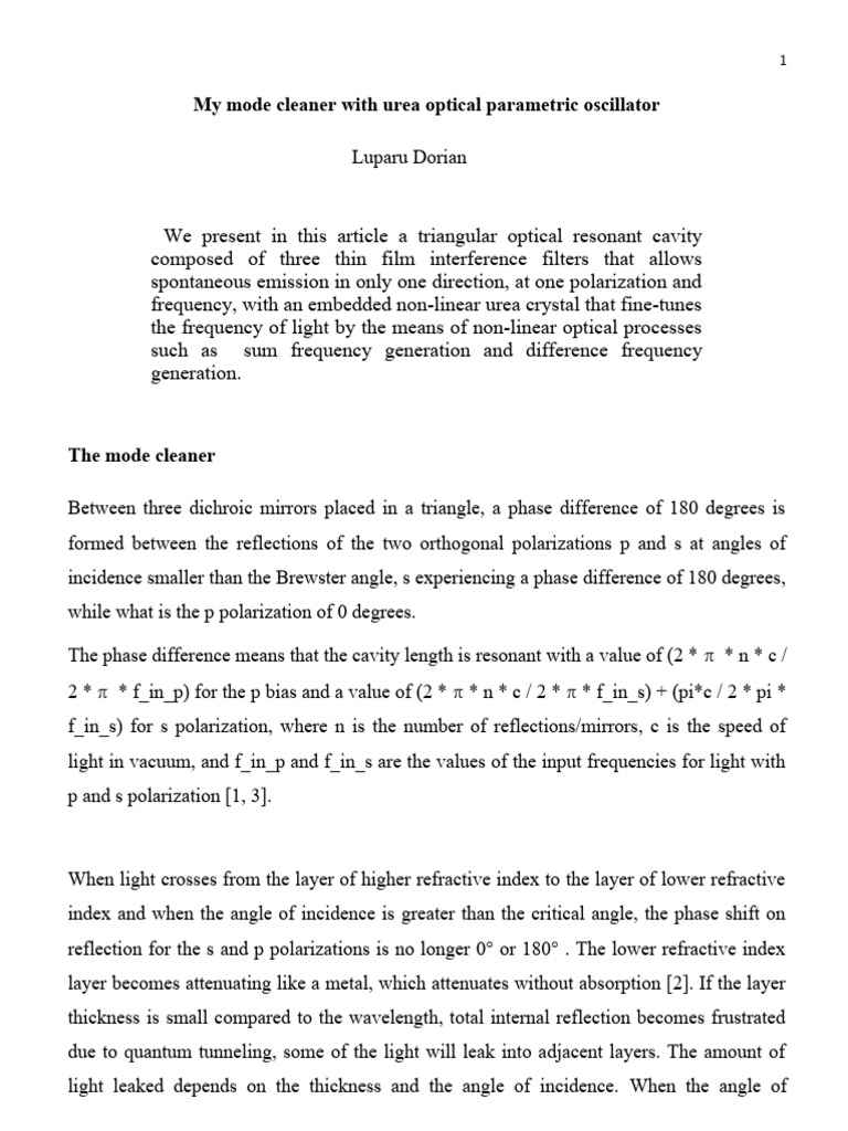 My Mode Cleaner With Urea Parametric Oscillator | PDF | Nonlinear ...