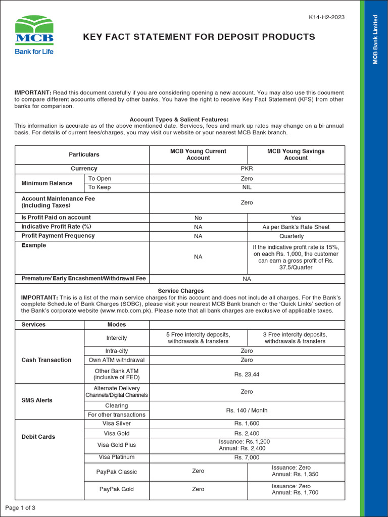 MCB Young Key Fact Sheet | PDF | Cheque | Banks