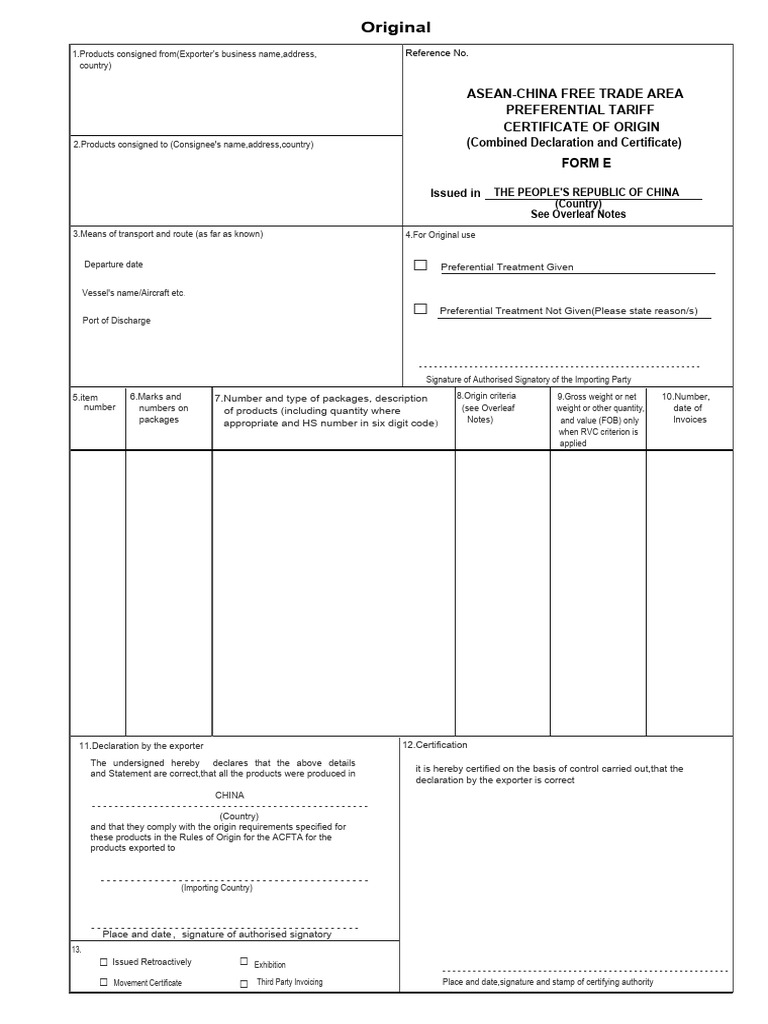Form E: Asean-China Free Trade Area Preferential Tariff Certificate of ...