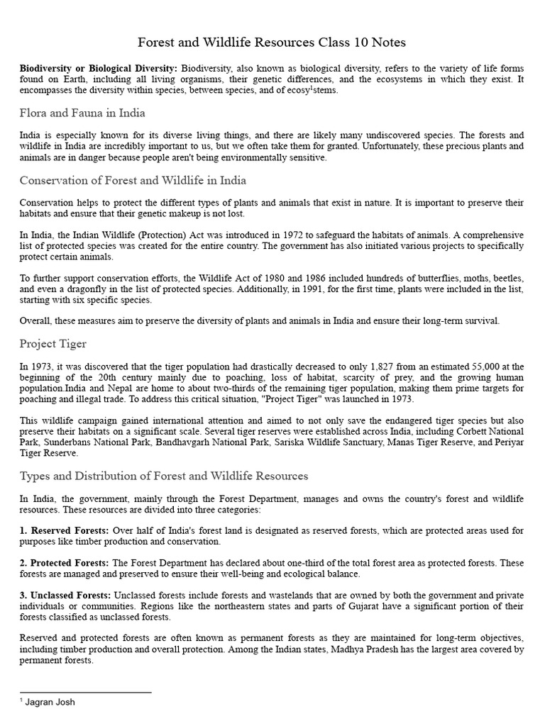 Cbse class 10 geography ch 2 forest and wildlife resources notes pdf