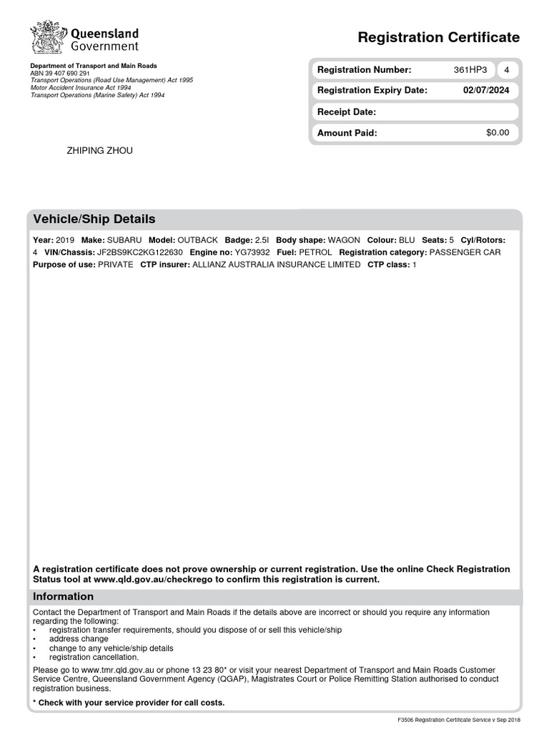 Subaru Outback Registration Certificate | PDF
