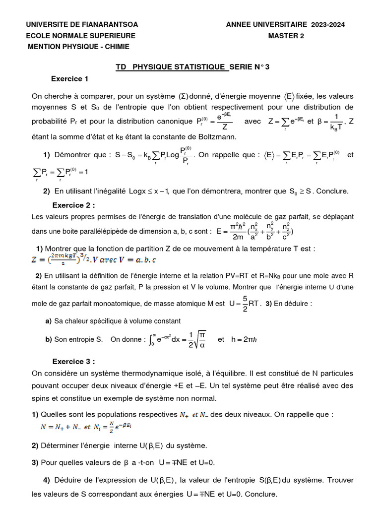 TD de Physique Statistique - Master 2 | PDF | Entropie | Sciences physiques