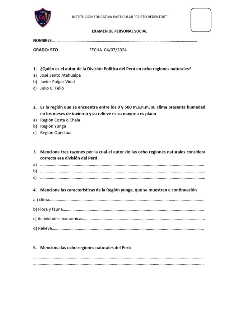 Examen de Personal Social 5to Grado | PDF