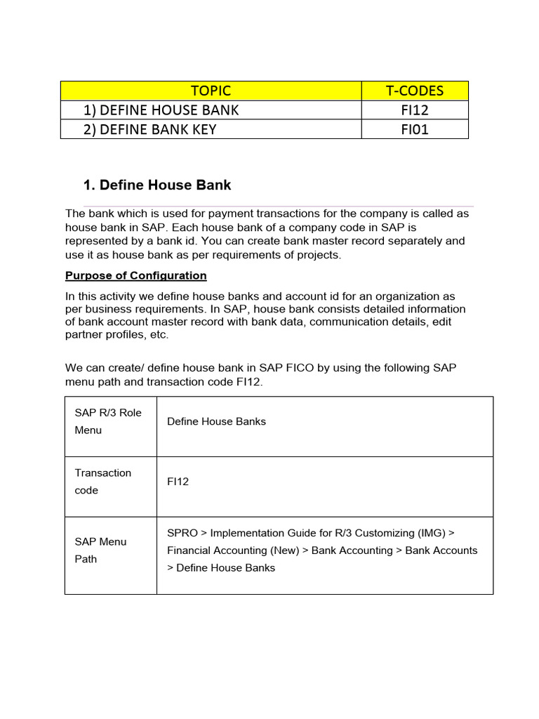 SAP T-Codes for House Bank and Key | PDF | Banks | Service Industries