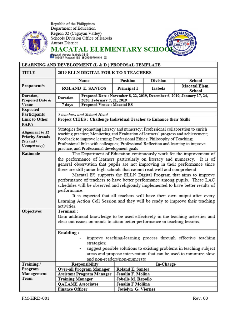 1 FM HRD 001 L D Proposal Template Dkes | PDF | Teachers | Literacy