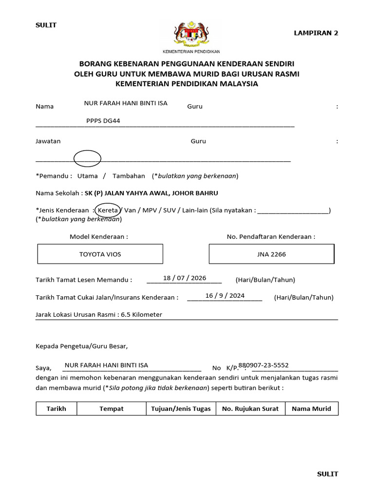 Borang Kebenaran Penggunaan Kenderaan Sendiri (Contoh) | PDF