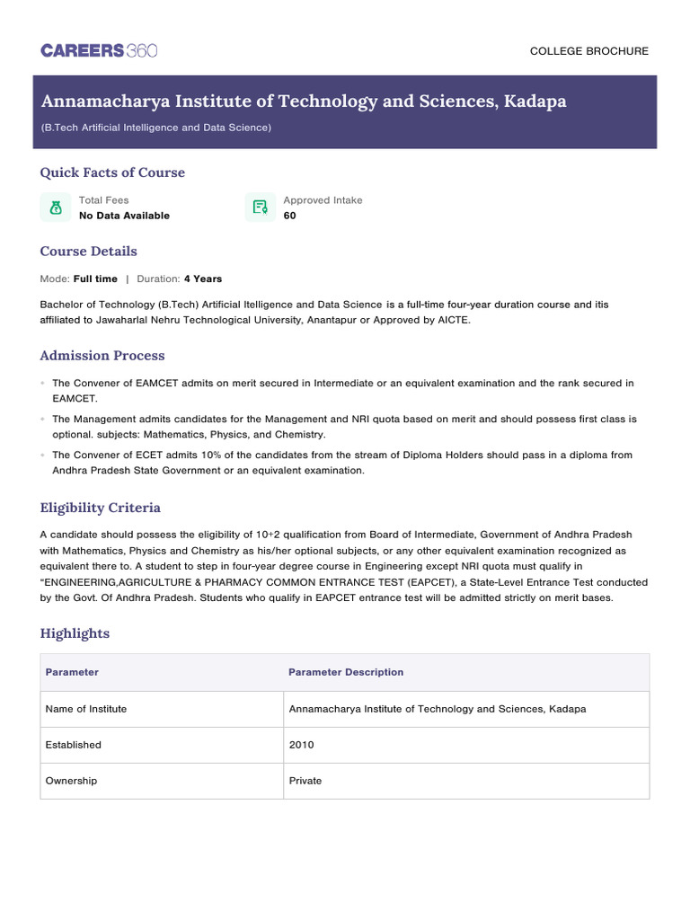 AITS Kadapa B.Tech AI & Data Science Overview | PDF | Bachelor's Degree ...