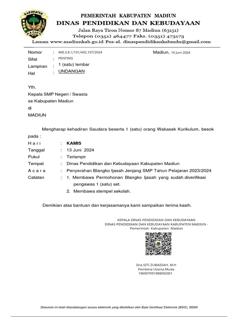 Undangan Pengambilan Blangko Ijazah SMP Tapel 2023-2024 | PDF