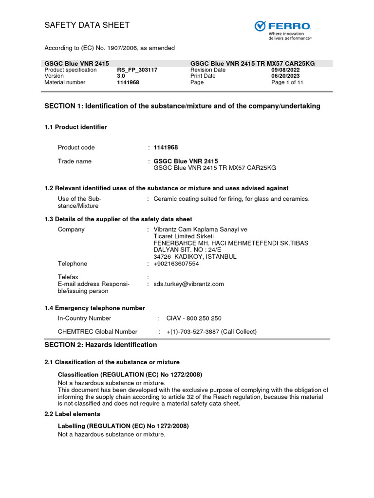 GSGC Blue VNR 2415 Safety Data Sheet | PDF | Dangerous Goods | Toxicity