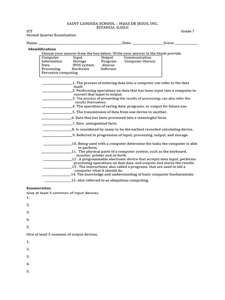 Grade 7 ICT Exam: Computer Basics | PDF | Input/Output | Computing