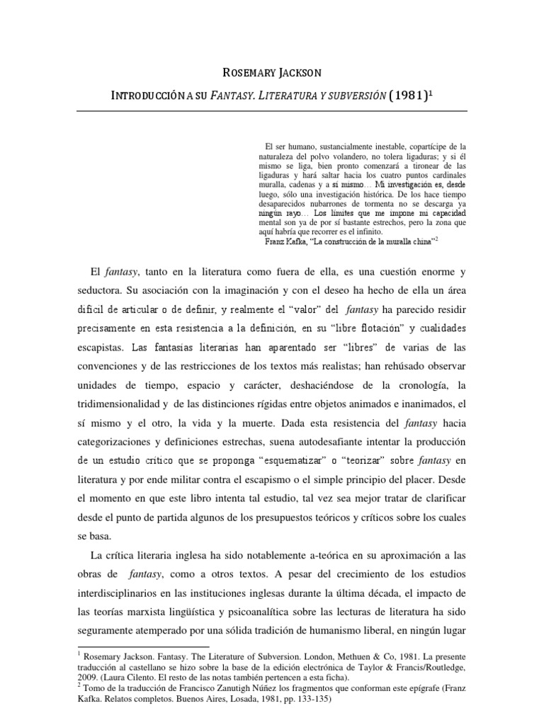 Jackson, Rosemary Fantasy. Literatura y subversión Intro PDF Fantasía Psicoanálisis
