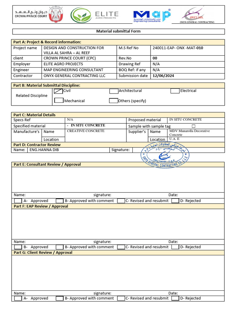 Villa Al Sahra Material Submittal Form | PDF | Concrete | Magnesium