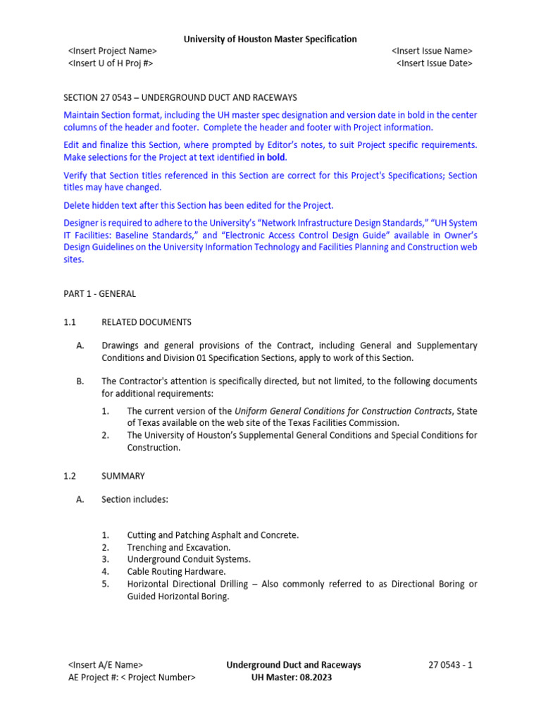 27 0543 Underground Duct and Raceways 08.2023 | PDF | Pipe (Fluid ...