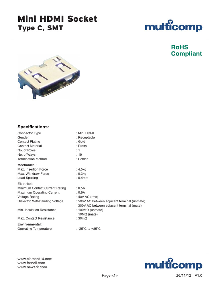 Mini HDMI Socket Type C Specifications | PDF | Electrical Connector ...