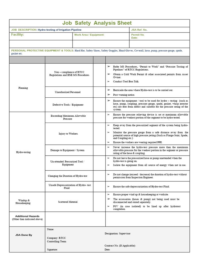 JSA Pressure Testing Pipeline | PDF | Personal Protective Equipment | Pump