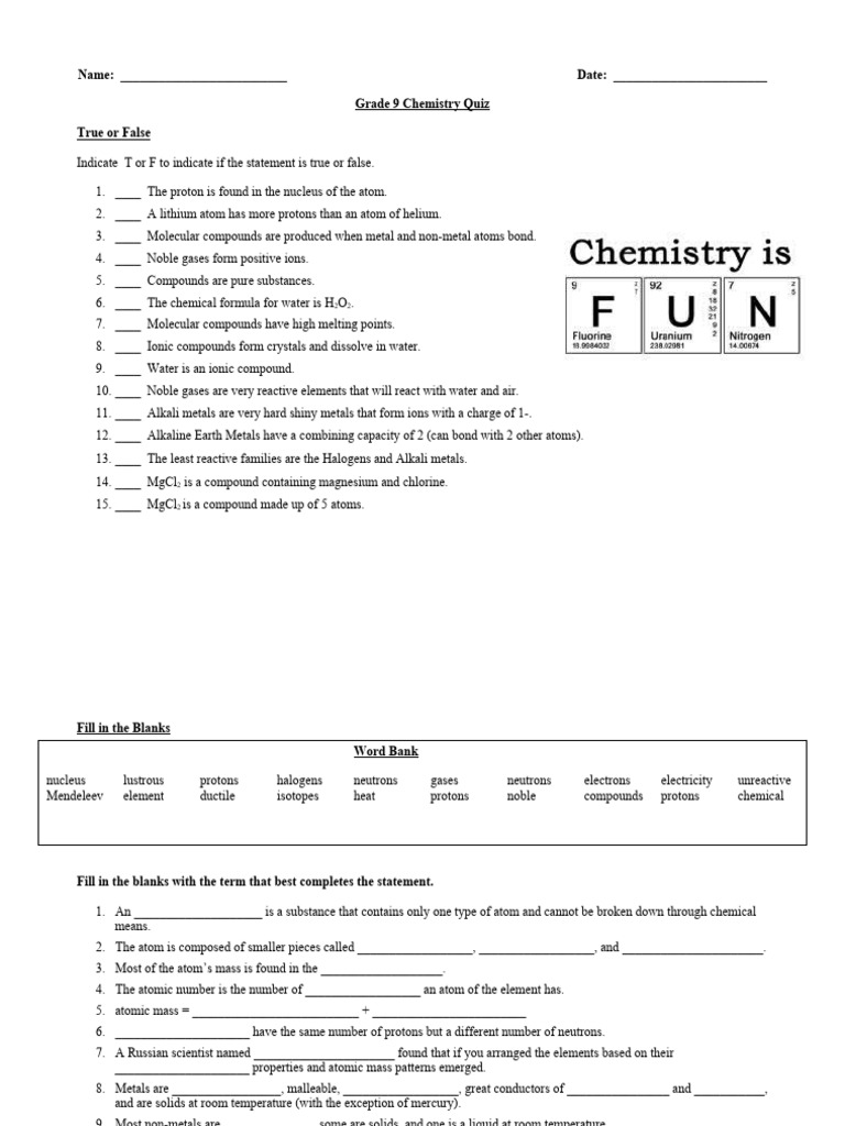 Grade 9 Chemistry Quiz 2 | PDF | Atoms | Chemical Compounds