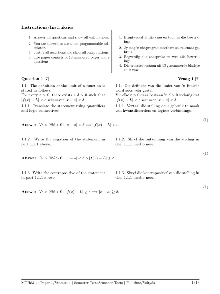 Math Exam Instructions and Questions | PDF | Limit (Mathematics ...