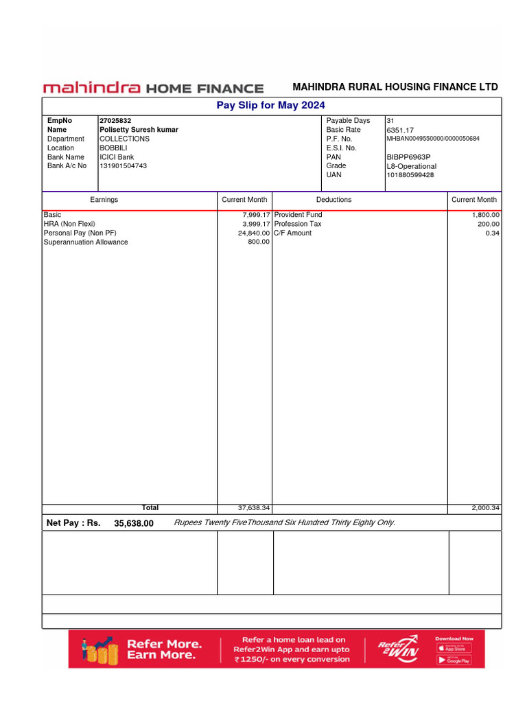 Pay Slip For May 2024: Mahindra Rural Housing Finance LTD | PDF