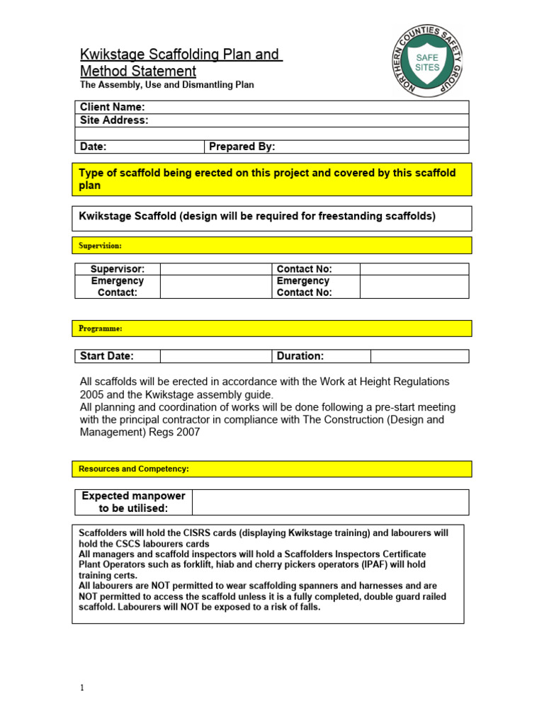 Kwikstage Scaffolding Method Statement | PDF | Scaffolding | Safety
