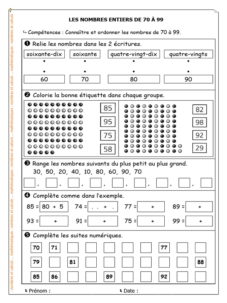 Nombres entiers de 70 à 99 : exercices | PDF | Mathématiques