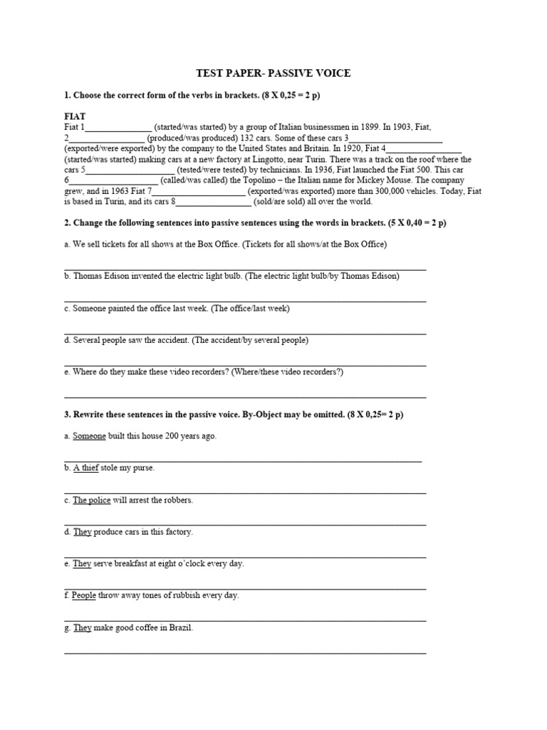 Test Paper - Passive Voice | PDF | Car