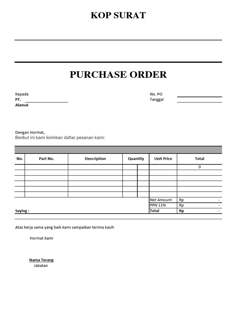 Contoh Surat Purchase Order dan Form PO | PDF