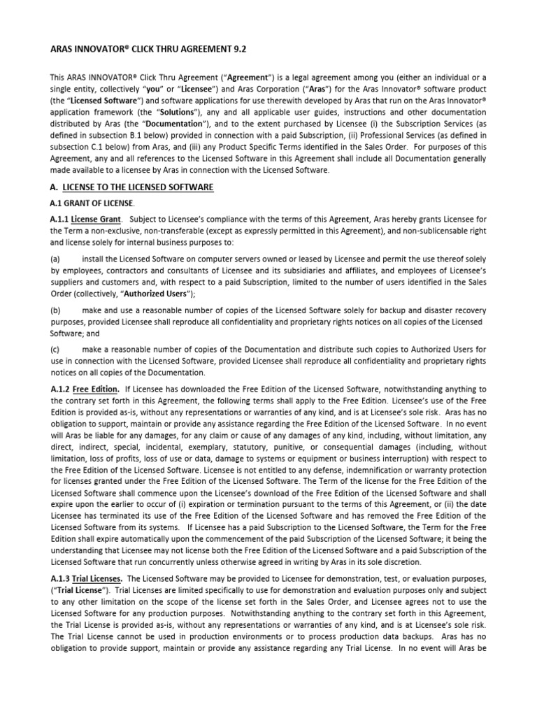 Aras Click Thru Agreement 9 1 | PDF | License | Subscription Business Model