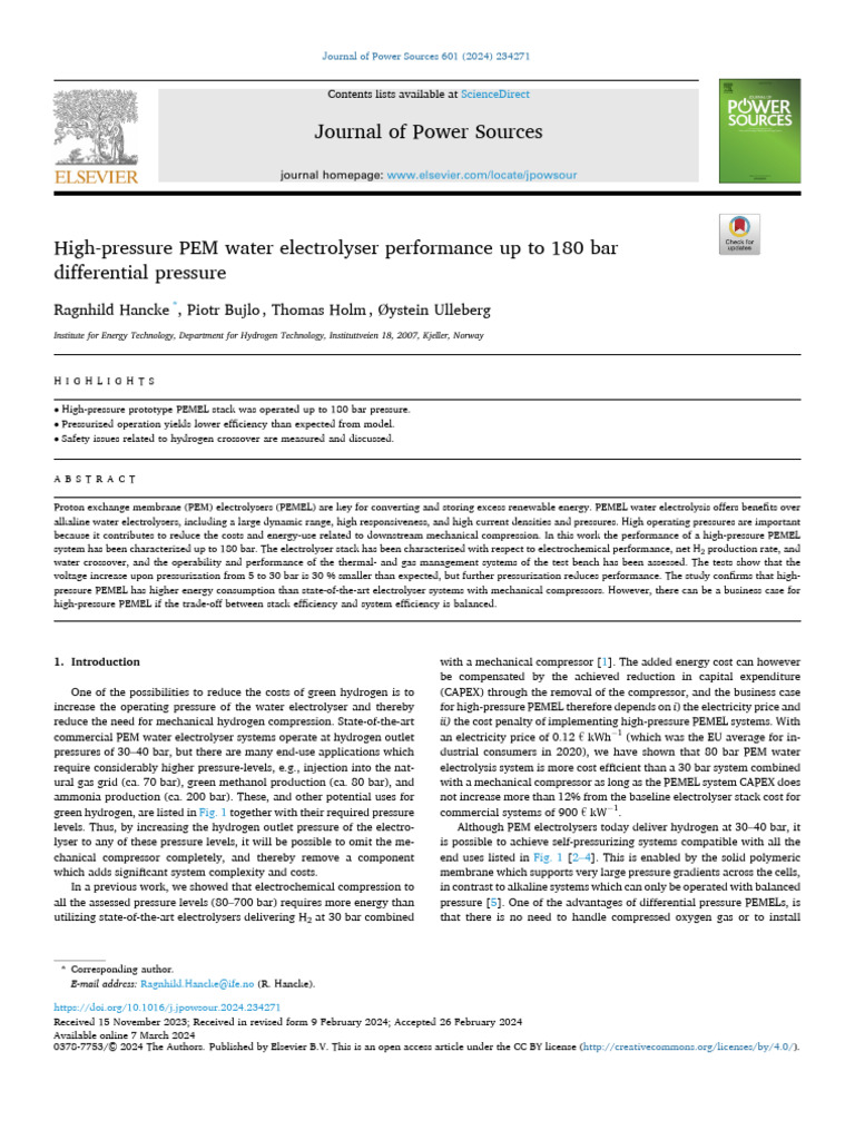 High Pressure Pem Water Electrolyser Performance Up To 180 Bar Pdf