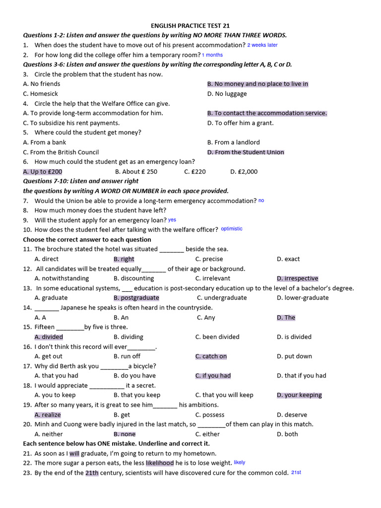 English Practice Test 21 Questions | PDF | Meat | Beef