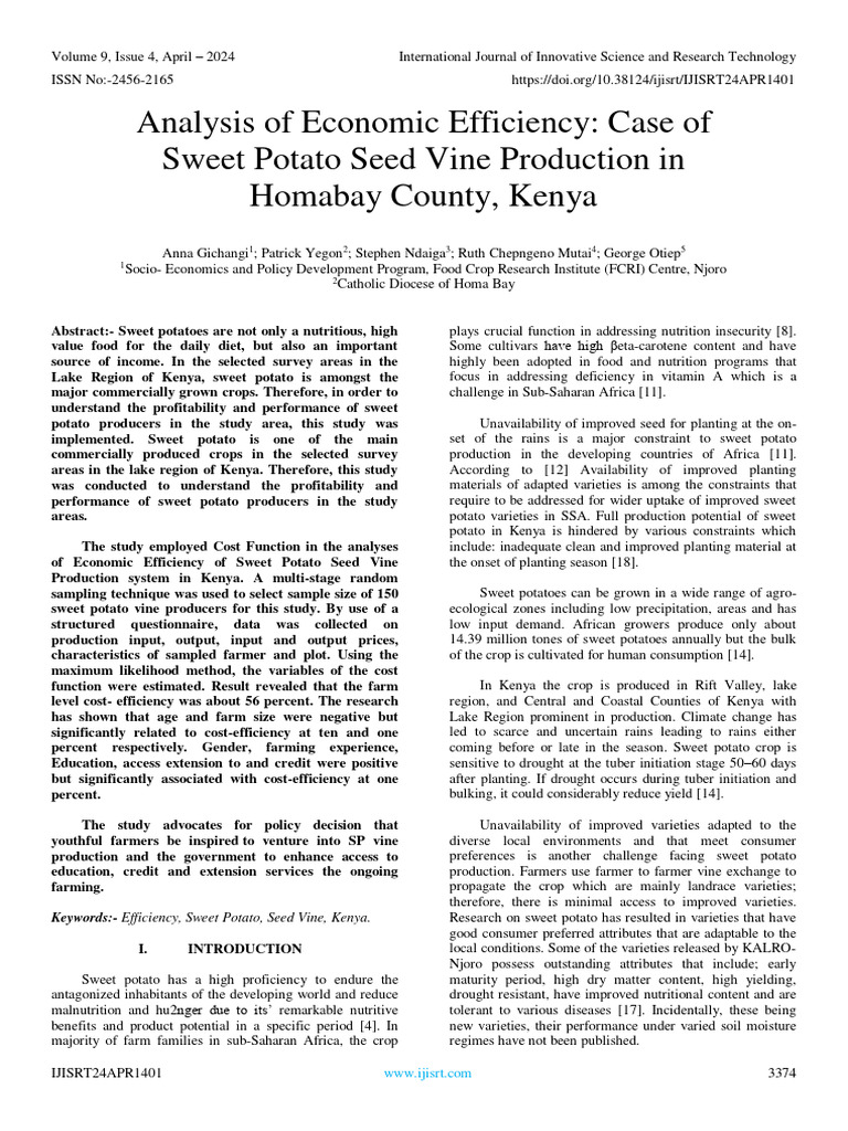 Economic Efficiency of Sweet Potato Production in Kenya | PDF | Potato ...