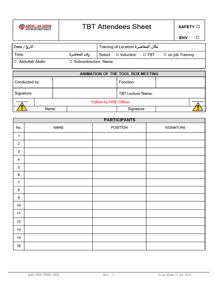 Toolbox Talk Attendees Form | PDF