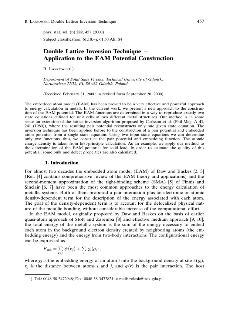 Double Lattice Inversion Technique Application To The EAM Potential ...