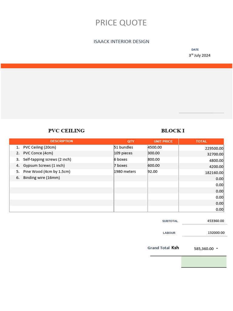 PVC Ceiling Installation Price Quote | PDF