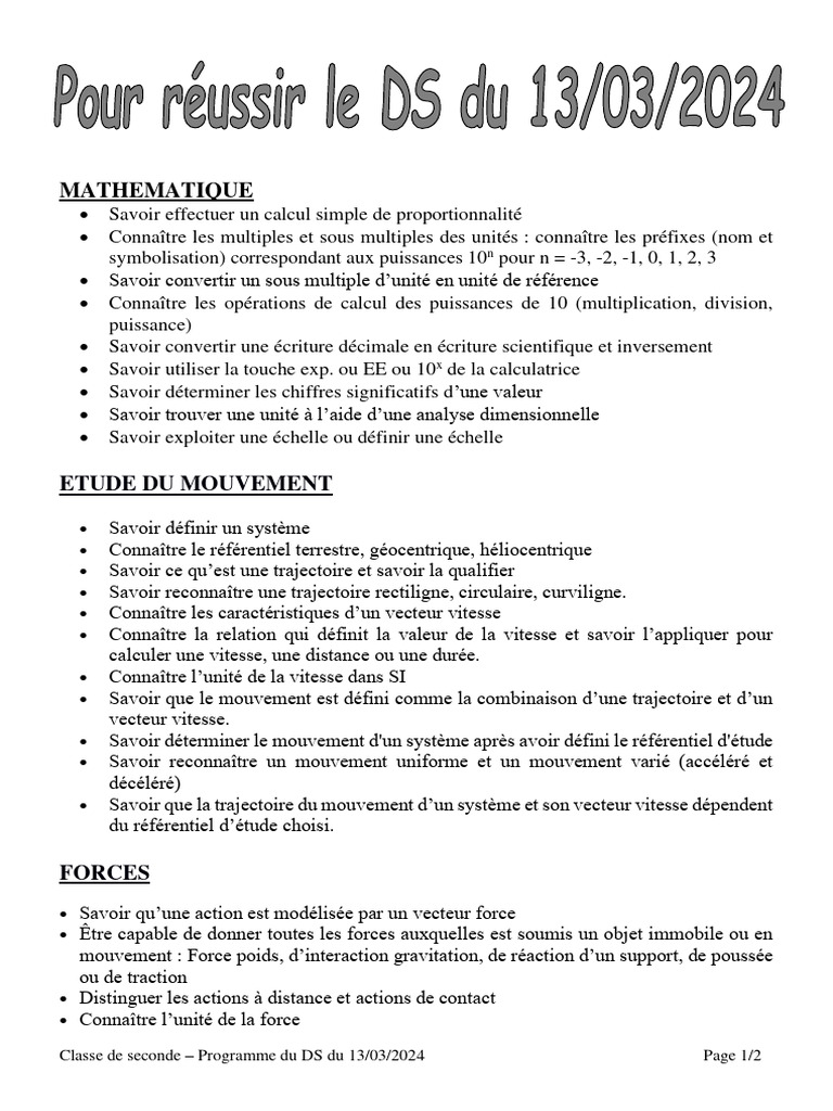 Programme DS Mathématiques et Physique Seconde | PDF | Poids | Obliger