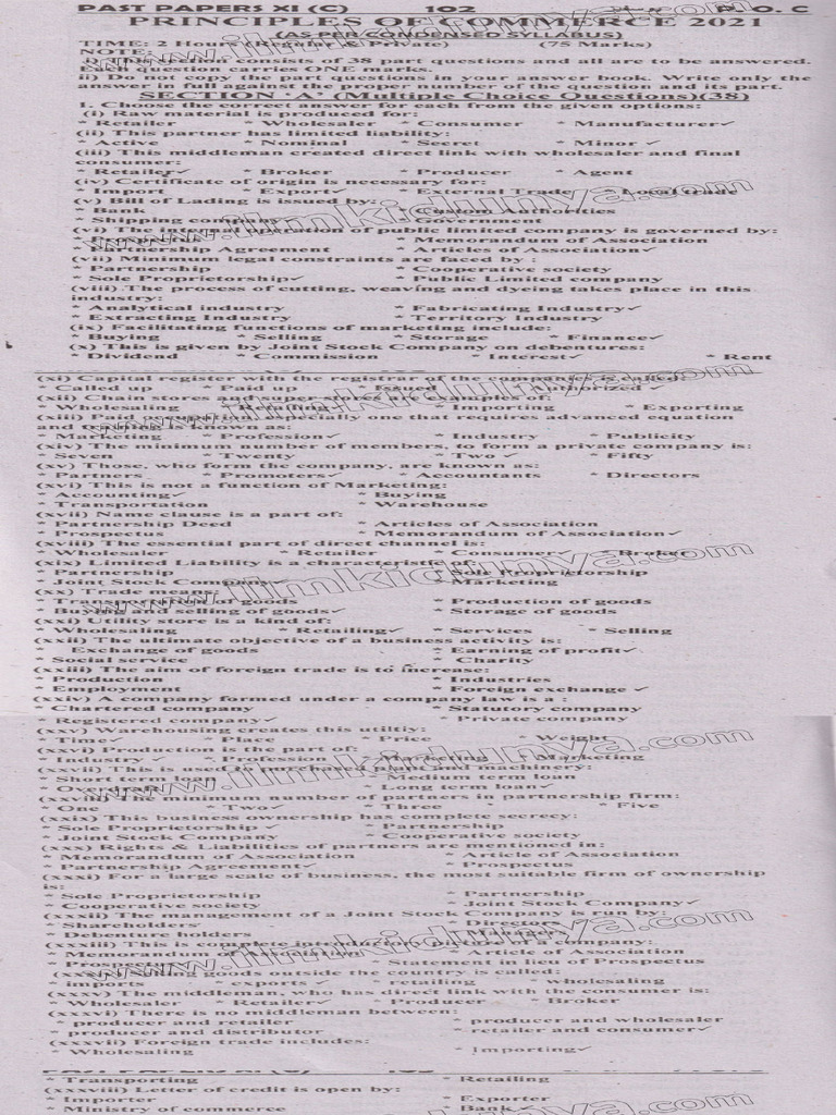 Past Papers 2021 Karachi Board ICom Part 1 Commerce English Medium ...