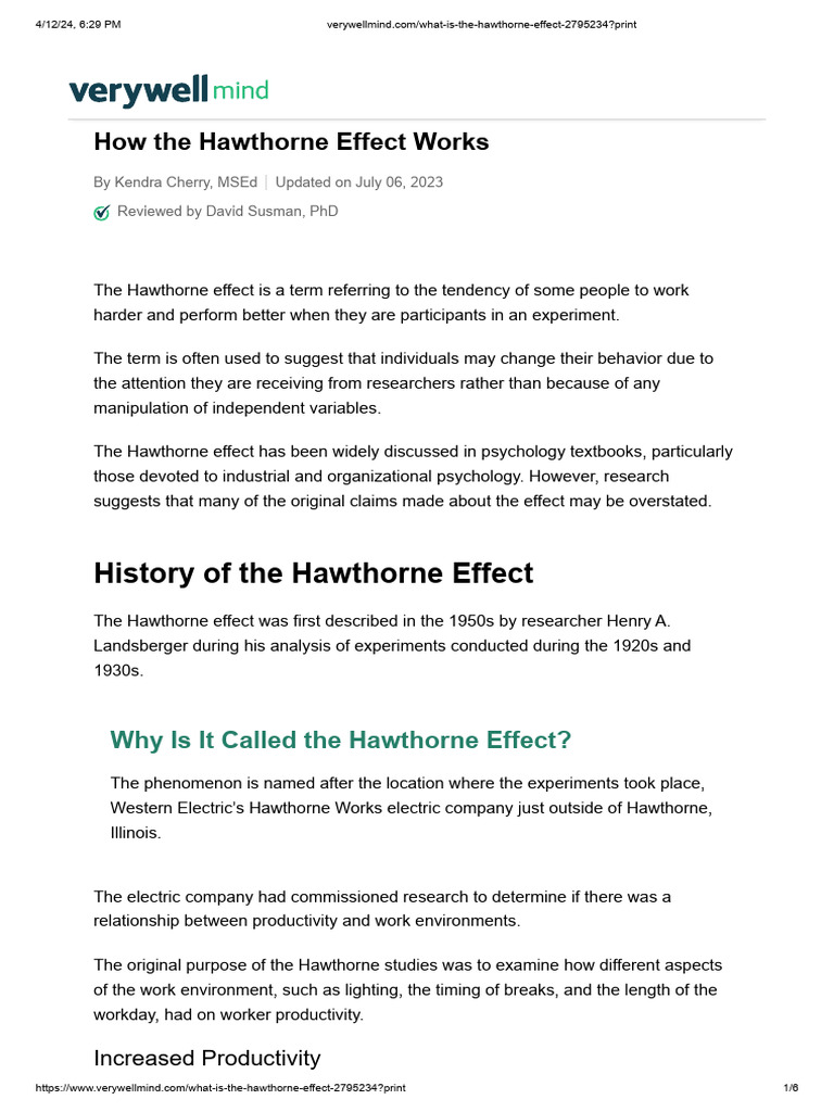 Understanding the Hawthorne Effect | PDF | Experiment | Psychological ...