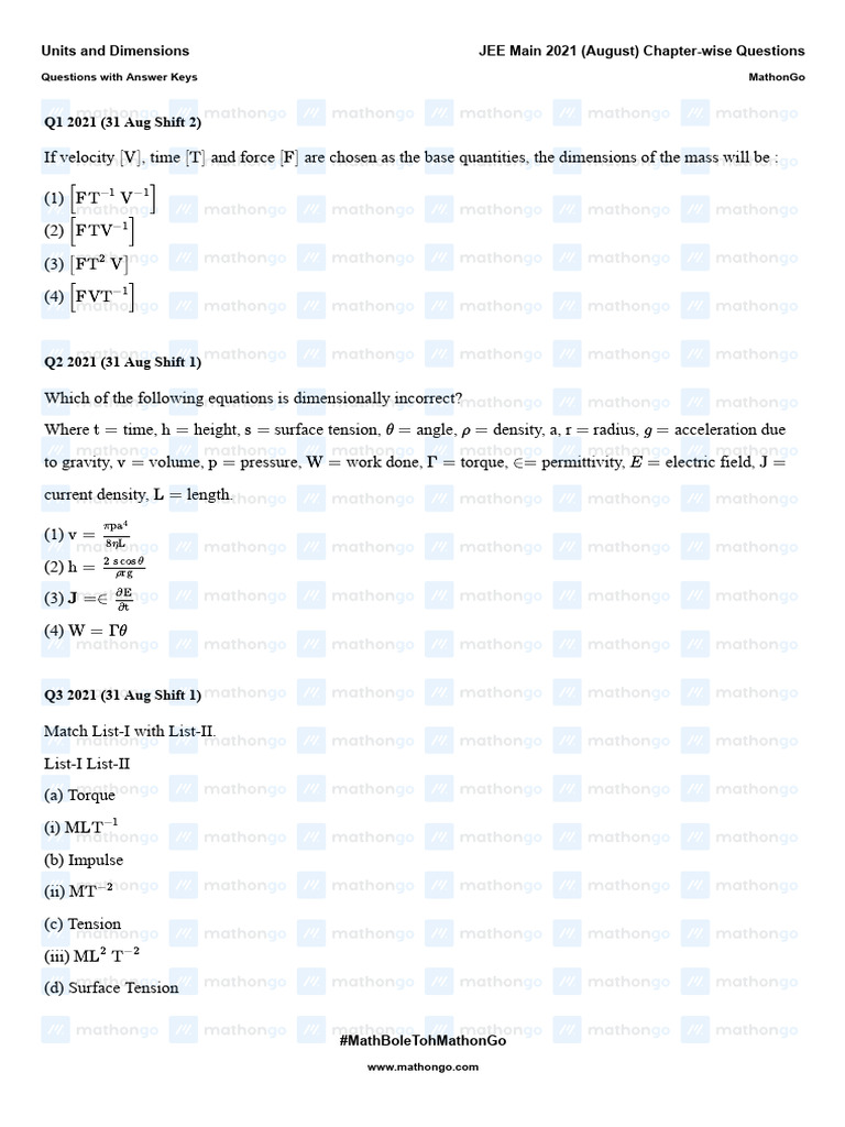 Units and Dimensions - JEE Main 2021 August Chapter-Wise - MathonGo ...