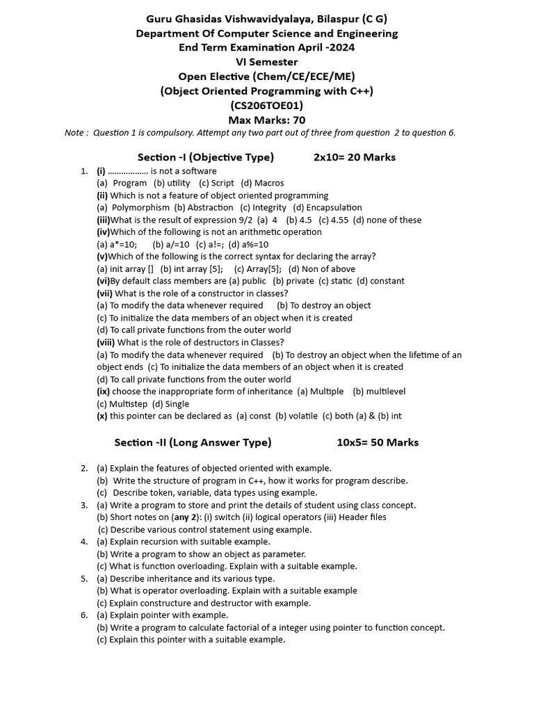 OOP with C++ Exam Paper April 2024 | PDF | Pointer (Computer ...