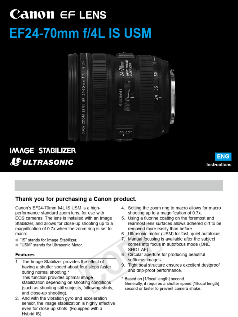 Canon EF24-70mm f/4L IS USM ズームレンズ 説明書 Canon EF24-70mm f/4L IS USM Lens Guide | PDF | Image Stabilization