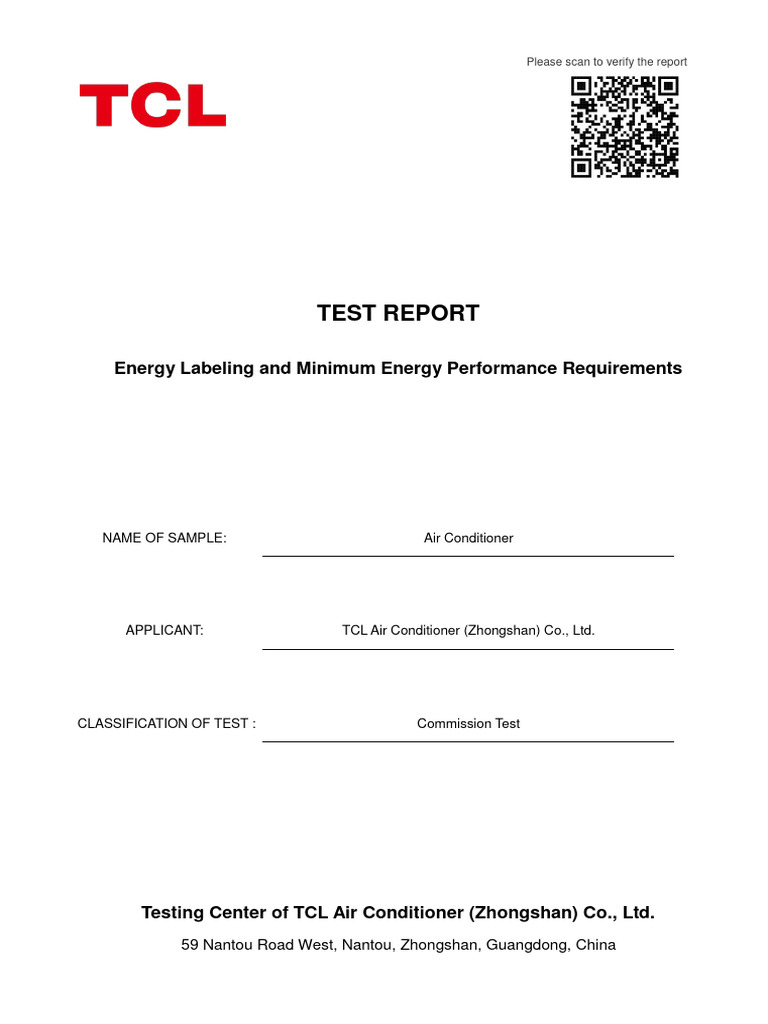 TCL Air Conditioner Test Report | PDF | Air Conditioning | Engineering ...