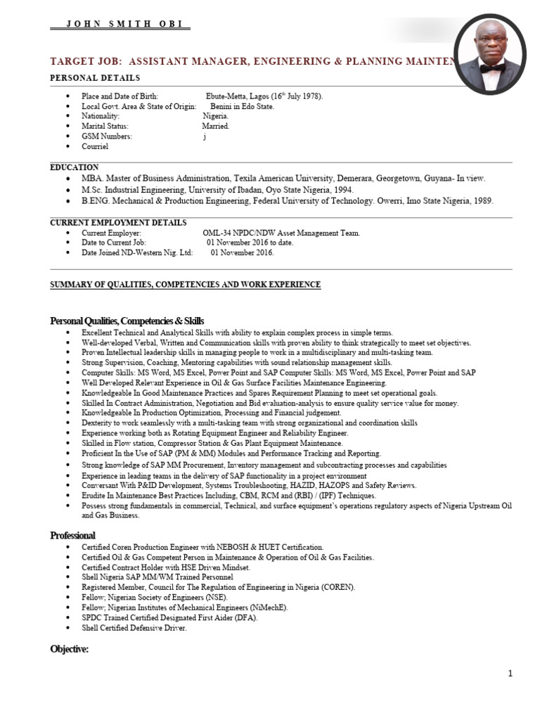 Target Job: Assistant Manager, Engineering & Planning Maintenance | PDF ...
